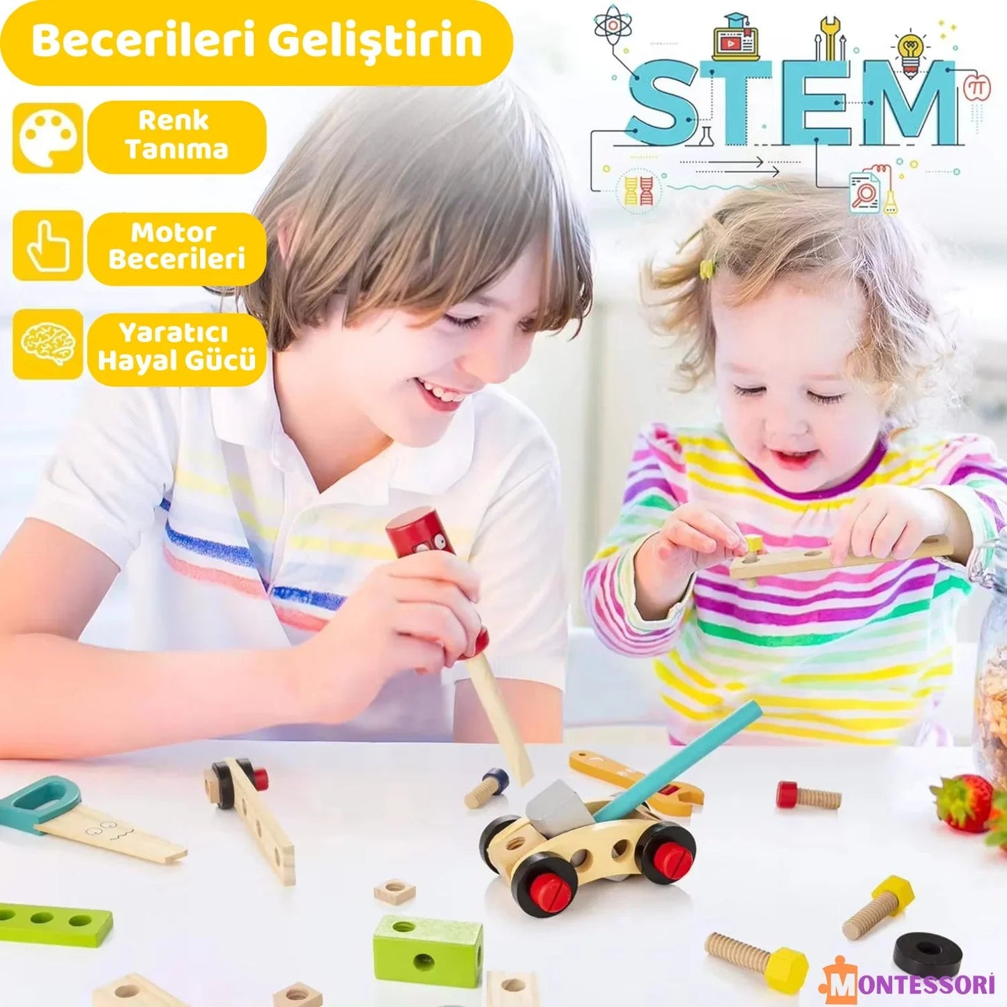 Doğal Ahşap Montessori Alet Kutusu 12 Parça Eğitici Set - MAKKA