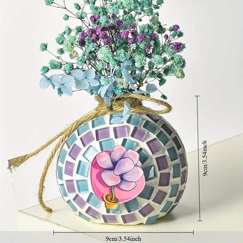 El Yapımı Mozaik Vazo Kiti - Ahşap Tabanlı Dekoratif Set - MAKKA