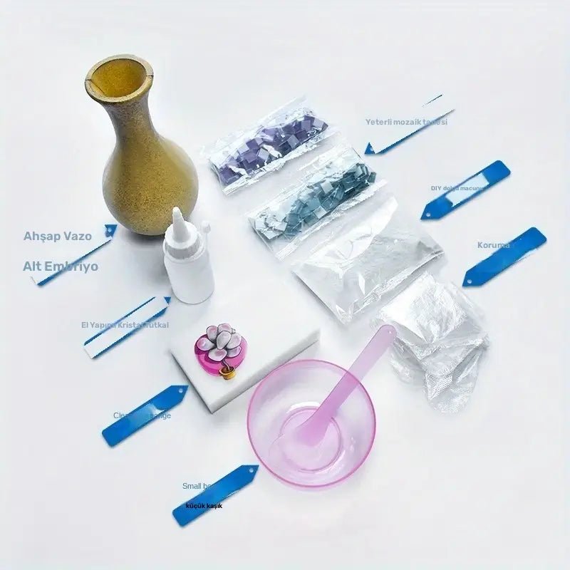El Yapımı Mozaik Vazo Kiti - Ahşap Tabanlı Dekoratif Set - MAKKA