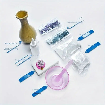 El Yapımı Mozaik Vazo Kiti - Ahşap Tabanlı Dekoratif Set - MAKKA