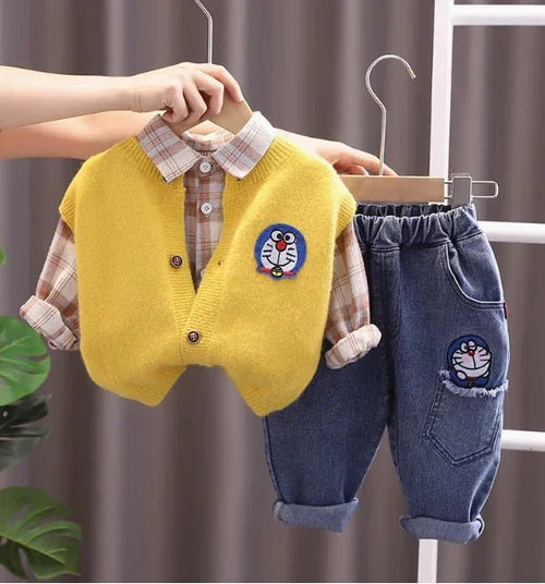 Enerjik Sarı 3 Parçalı Çocuk Takımı - Gömlek Pantolon Sweat - MAKKA