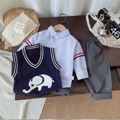 Fil Desenli Örgü Yelekli 3 Parça Erkek Çocuk Takımı - MAKKA