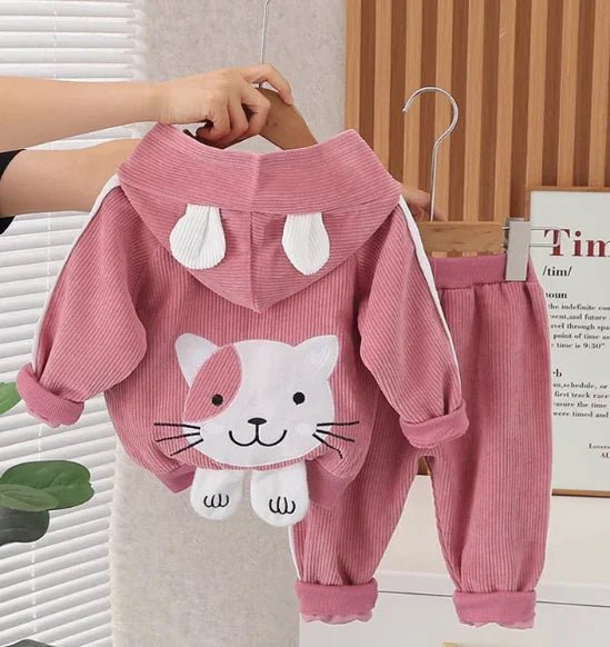 Gül Rengi Desenli Kapüşonlu Kız Çocuk Takım - Pamuklu Rahat - MAKKA