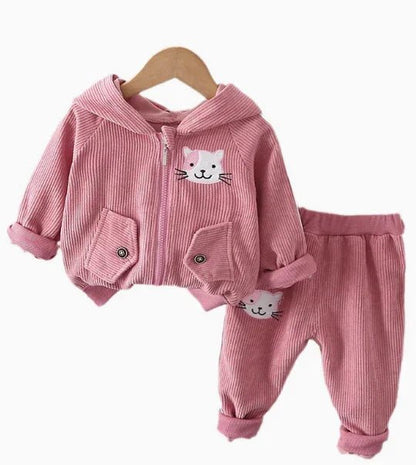 Gül Rengi Desenli Kapüşonlu Kız Çocuk Takım - Pamuklu Rahat - MAKKA