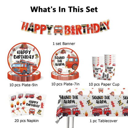 İtfaiyeci Temalı Parlak Kağıt Tabak Bardak Peçete Masaörtüsü Seti - MAKKA