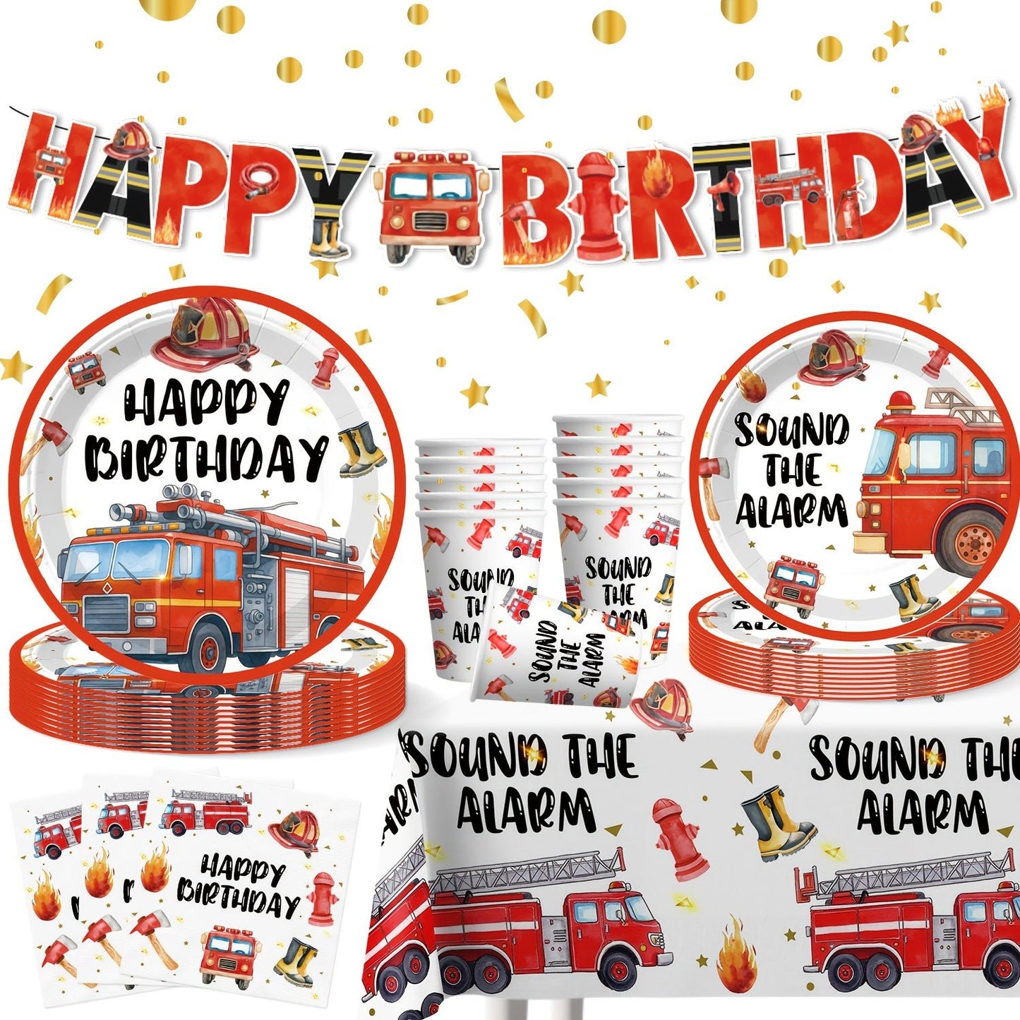 İtfaiyeci Temalı Parlak Kağıt Tabak Bardak Peçete Masaörtüsü Seti - MAKKA