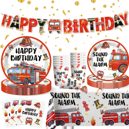 İtfaiyeci Temalı Parlak Kağıt Tabak Bardak Peçete Masaörtüsü Seti - MAKKA