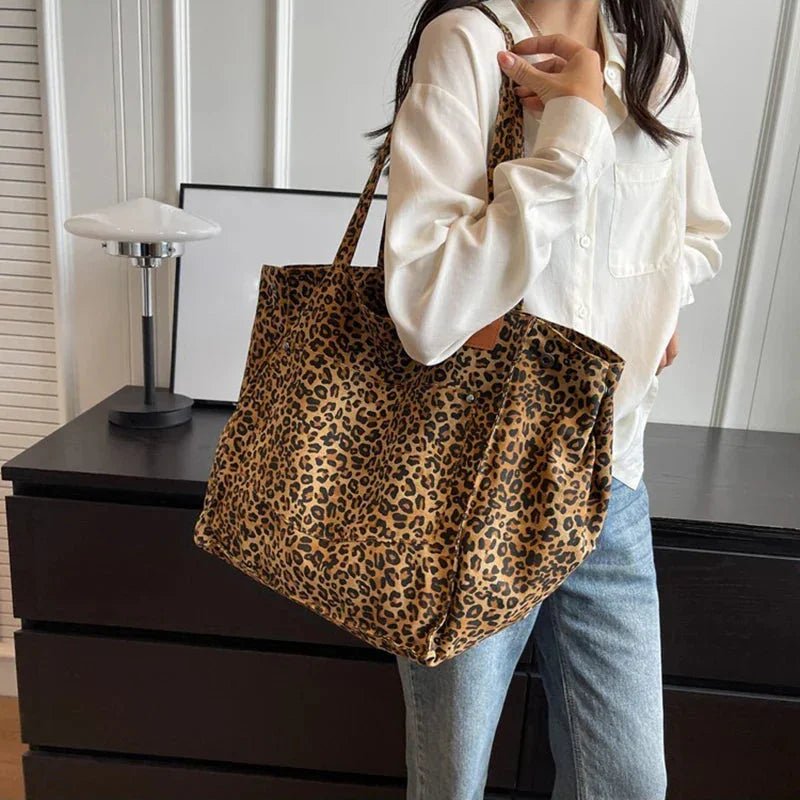 Kadın Leopar Desenli Polyester Canvas Tote Çanta Geniş Kapasiteli - MAKKA