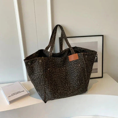 Kadın Leopar Desenli Polyester Canvas Tote Çanta Geniş Kapasiteli - MAKKA