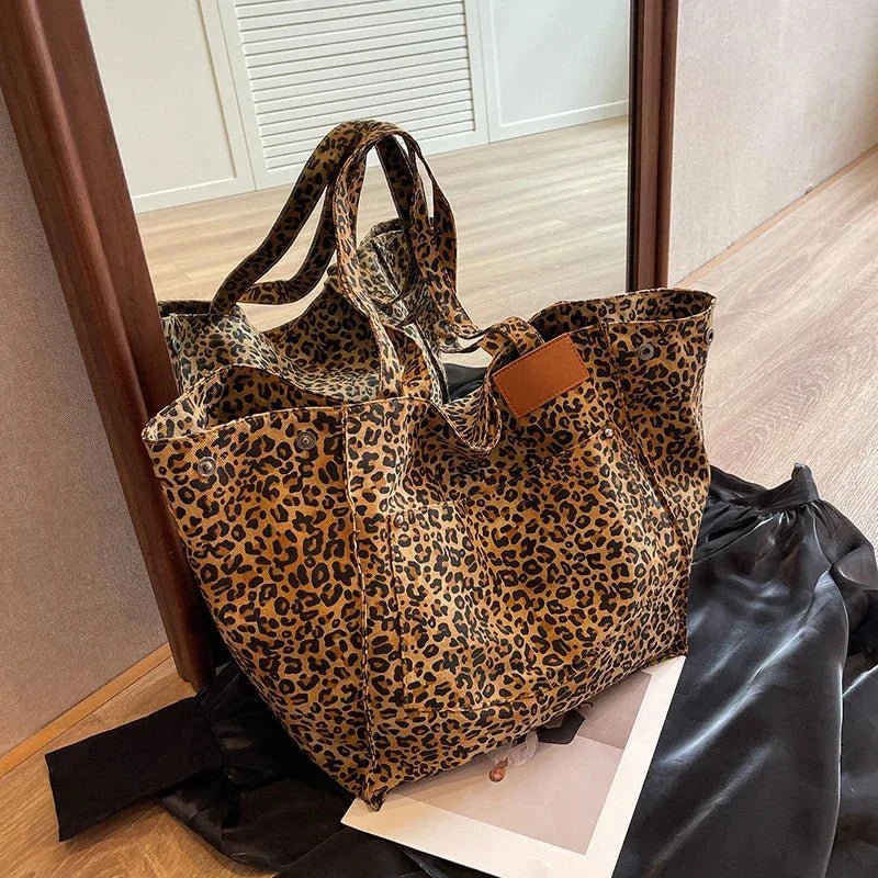 Kadın Leopar Desenli Polyester Canvas Tote Çanta Geniş Kapasiteli - MAKKA