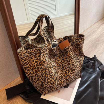 Kadın Leopar Desenli Polyester Canvas Tote Çanta Geniş Kapasiteli - MAKKA