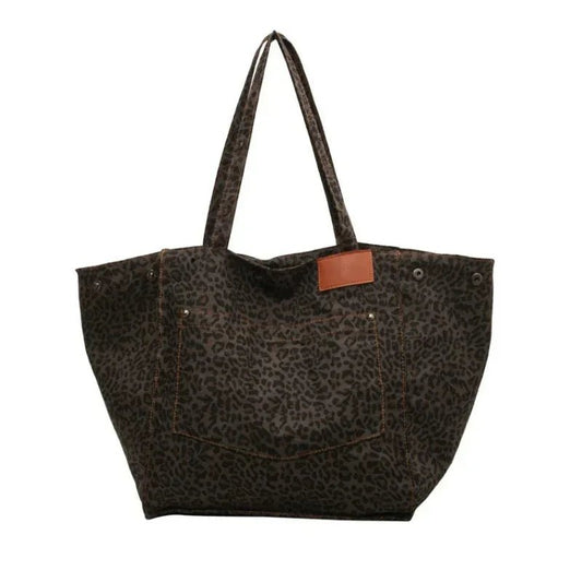 Kadın Leopar Desenli Polyester Canvas Tote Çanta Geniş Kapasiteli - MAKKA