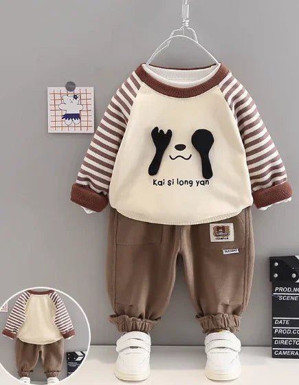 Kahverengi Çizgili Pamuklu Çocuk Takımı Yumuşak Rahat Şık Stil - MAKKA