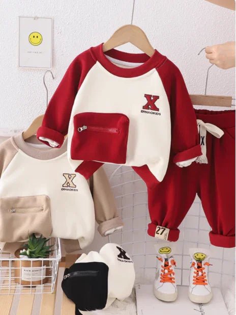 Kırmızı Uzun Kollu Ön Cepli Çocuk Takımı Sıcak ve Rahat - MAKKA