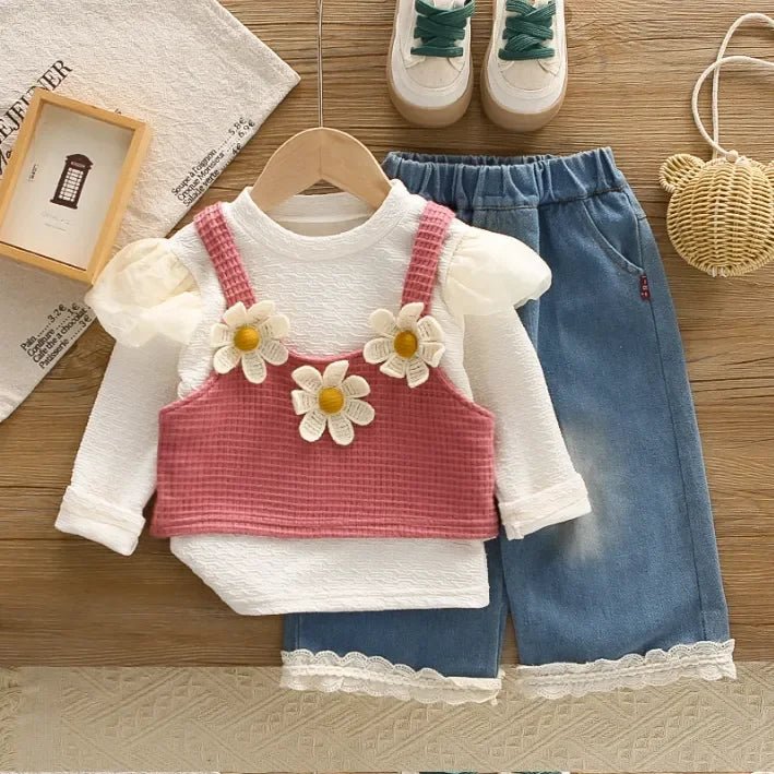 Kız Çocuk 1 - 5 Yaş Papatya İşlemeli 3 Parça Şık Takım - MAKKA