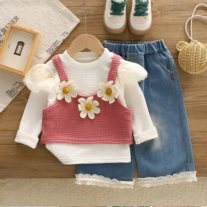 Kız Çocuk 1 - 5 Yaş Papatya İşlemeli 3 Parça Şık Takım - MAKKA