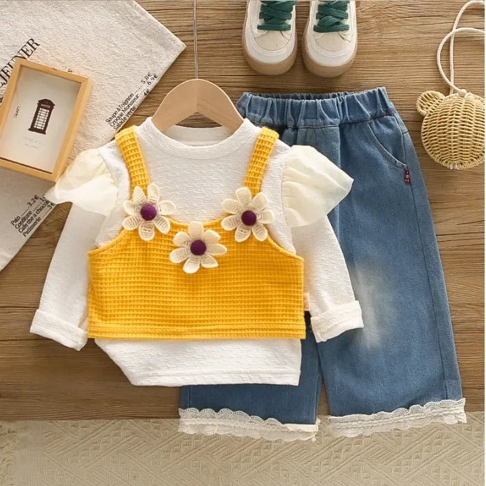 Kız Çocuk 1 - 5 Yaş Papatya İşlemeli 3 Parça Şık Takım - MAKKA