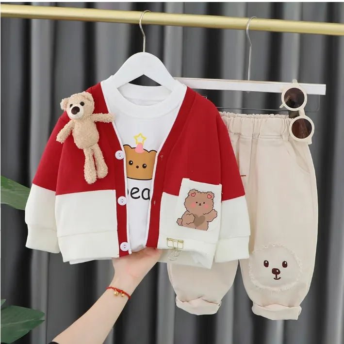 Kız Çocuk 3 Parça Ayıcık Detaylı Pamuklu Takım - Pembe Kırmızı - MAKKA