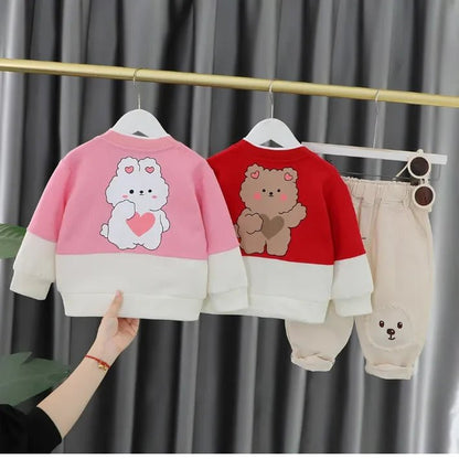 Kız Çocuk 3 Parça Ayıcık Detaylı Pamuklu Takım - Pembe Kırmızı - MAKKA