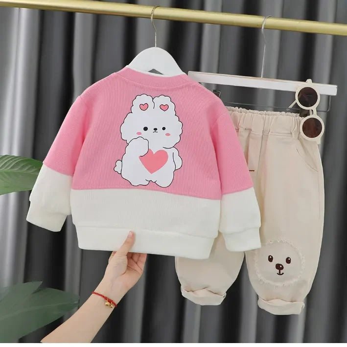 Kız Çocuk 3 Parça Ayıcık Detaylı Pamuklu Takım - Pembe Kırmızı - MAKKA