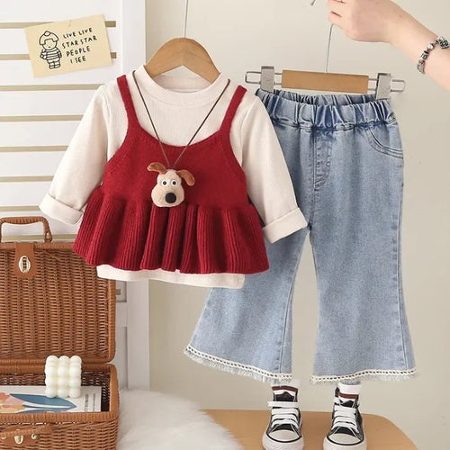 Kız Çocuk 3 Parçalı Triko Bluz Kot Pantolon Peluş Kolye - MAKKA