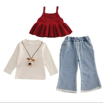 Kız Çocuk 3 Parçalı Triko Bluz Kot Pantolon Peluş Kolye - MAKKA