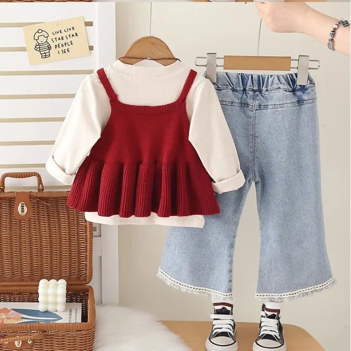 Kız Çocuk 3 Parçalı Triko Bluz Kot Pantolon Peluş Kolye - MAKKA