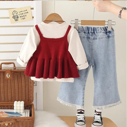 Kız Çocuk 3 Parçalı Triko Bluz Kot Pantolon Peluş Kolye - MAKKA