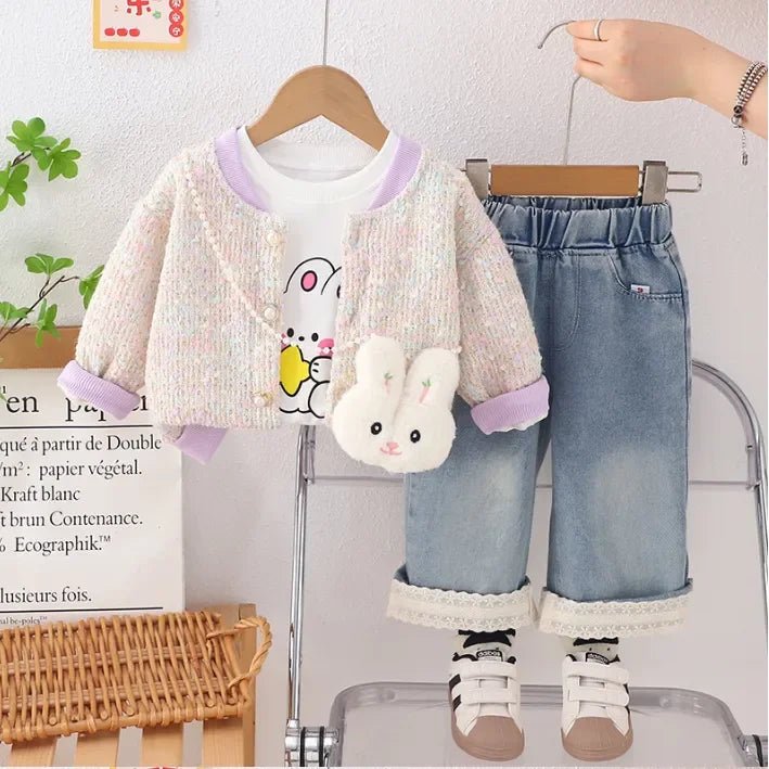 Kız Çocuk Tavşan Desenli Hırkalı Kot Pantolon 1 - 5 Yaş Takımı - MAKKA