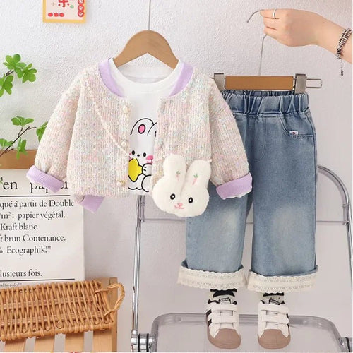 Kız Çocuk Tavşan Desenli Hırkalı Kot Pantolon 1 - 5 Yaş Takımı - MAKKA