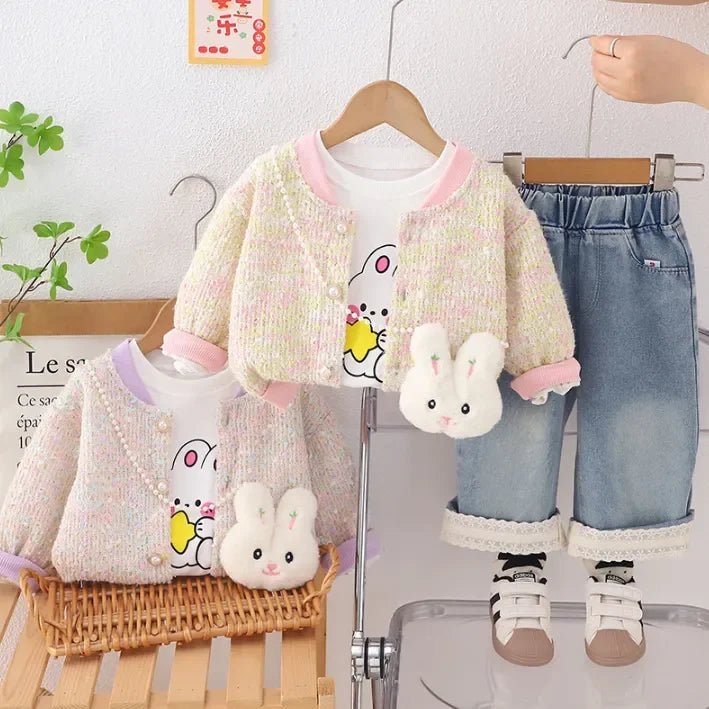 Kız Çocuk Tavşan Desenli Hırkalı Kot Pantolon 1 - 5 Yaş Takımı - MAKKA