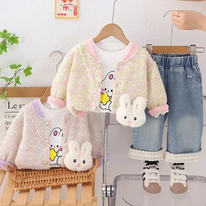 Kız Çocuk Tavşan Desenli Hırkalı Kot Pantolon 1 - 5 Yaş Takımı - MAKKA