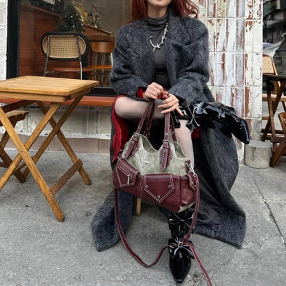 Kontrast Cepli Denim ve Bordo Kadın Çantası PU - MAKKA