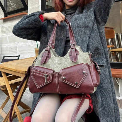 Kontrast Cepli Denim ve Bordo Kadın Çantası PU - MAKKA