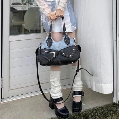 Kontrast Cepli Denim ve Bordo Kadın Çantası PU - MAKKA