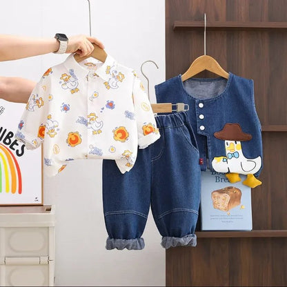 Kovboy Ördek Baskılı 3 Parça Unisex Denim Çocuk Takımı Rahat - MAKKA