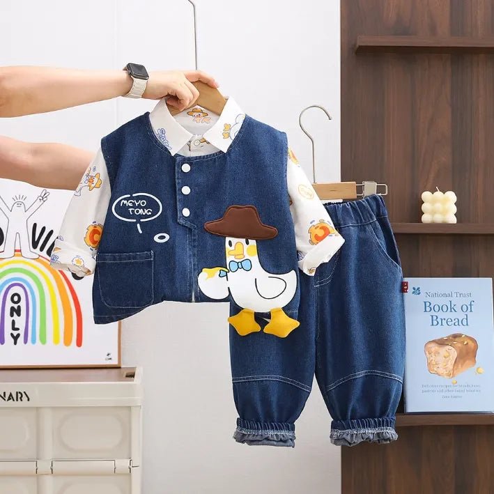 Kovboy Ördek Baskılı 3 Parça Unisex Denim Çocuk Takımı Rahat - MAKKA