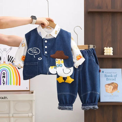 Kovboy Ördek Baskılı 3 Parça Unisex Denim Çocuk Takımı Rahat - MAKKA