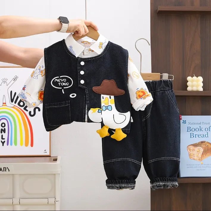 Kovboy Ördek Baskılı 3 Parça Unisex Denim Çocuk Takımı Rahat - MAKKA