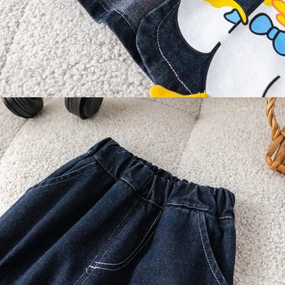 Kovboy Ördek Baskılı 3 Parça Unisex Denim Çocuk Takımı Rahat - MAKKA