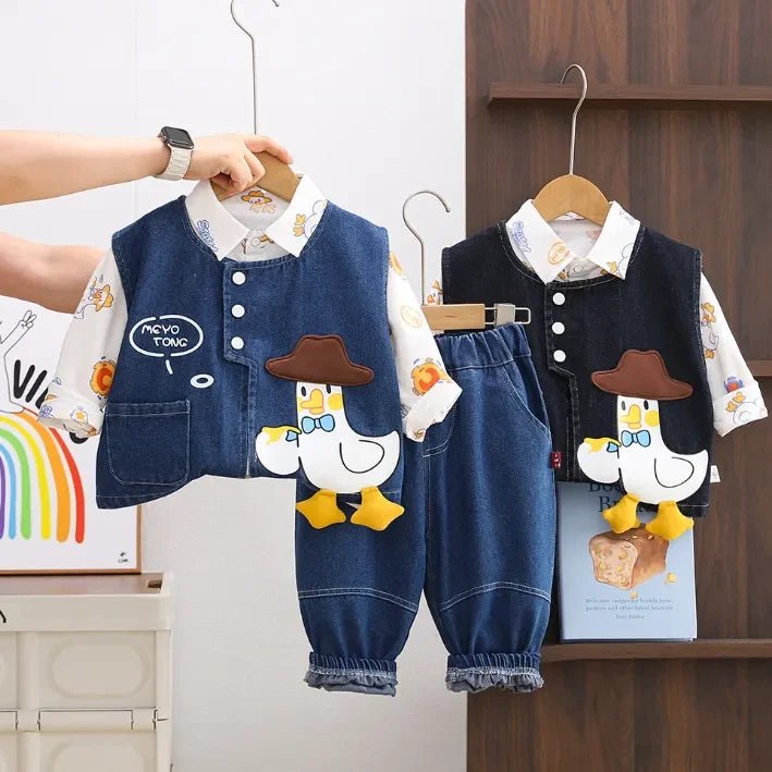 Kovboy Ördek Baskılı 3 Parça Unisex Denim Çocuk Takımı Rahat - MAKKA