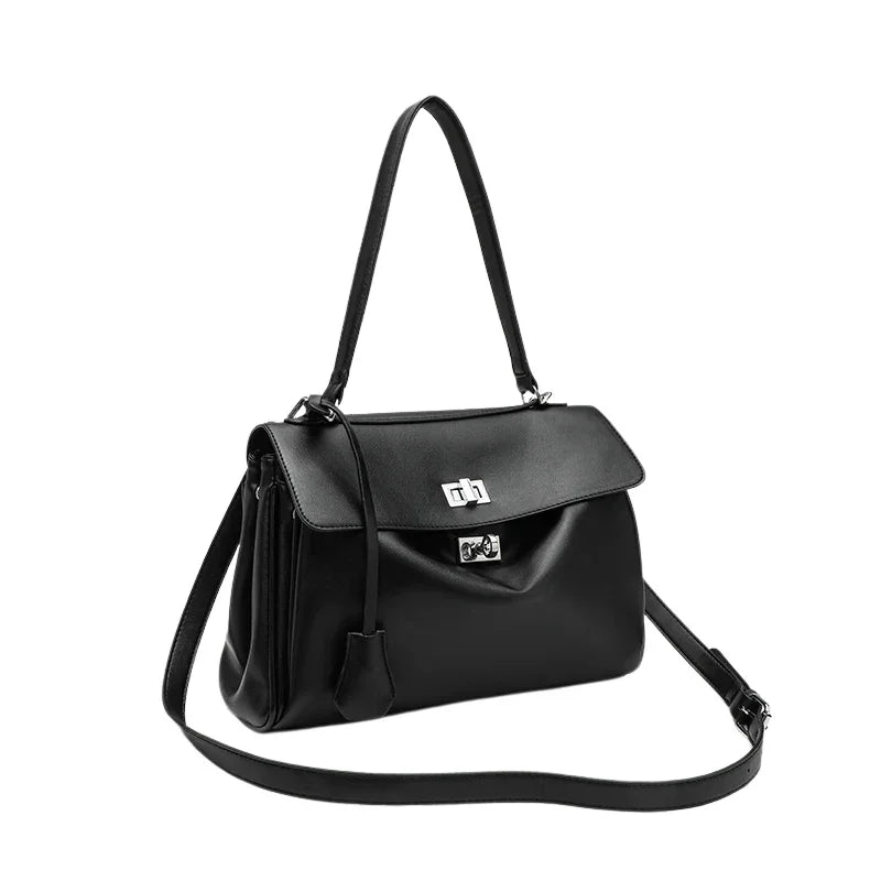 Lüks Siyah Kilit Tokalı Kadın Omuz Çantası Deri Şık - MAKKA