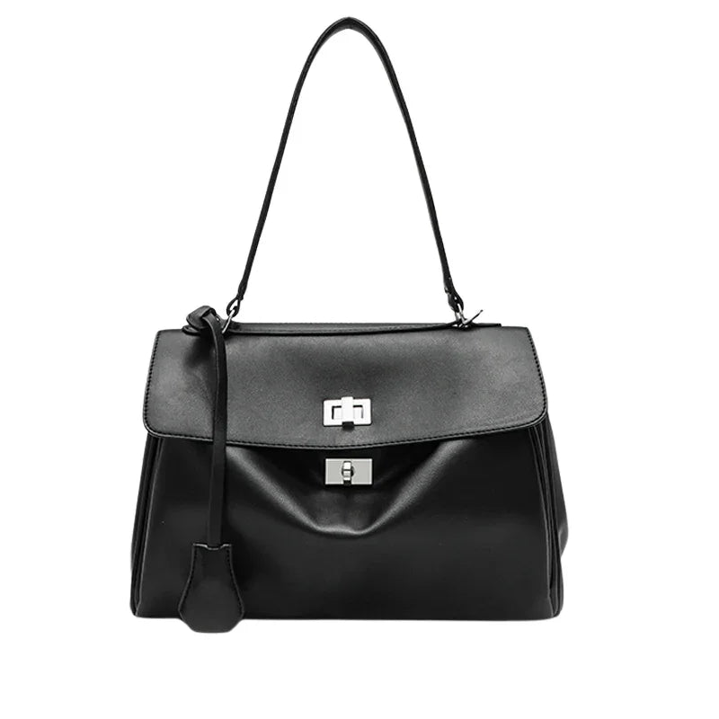 Lüks Siyah Kilit Tokalı Kadın Omuz Çantası Deri Şık - MAKKA