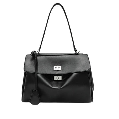 Lüks Siyah Kilit Tokalı Kadın Omuz Çantası Deri Şık - MAKKA