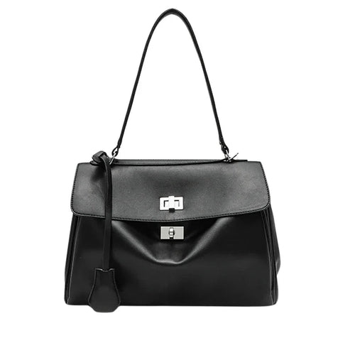 Lüks Siyah Kilit Tokalı Kadın Omuz Çantası Deri Şık - MAKKA