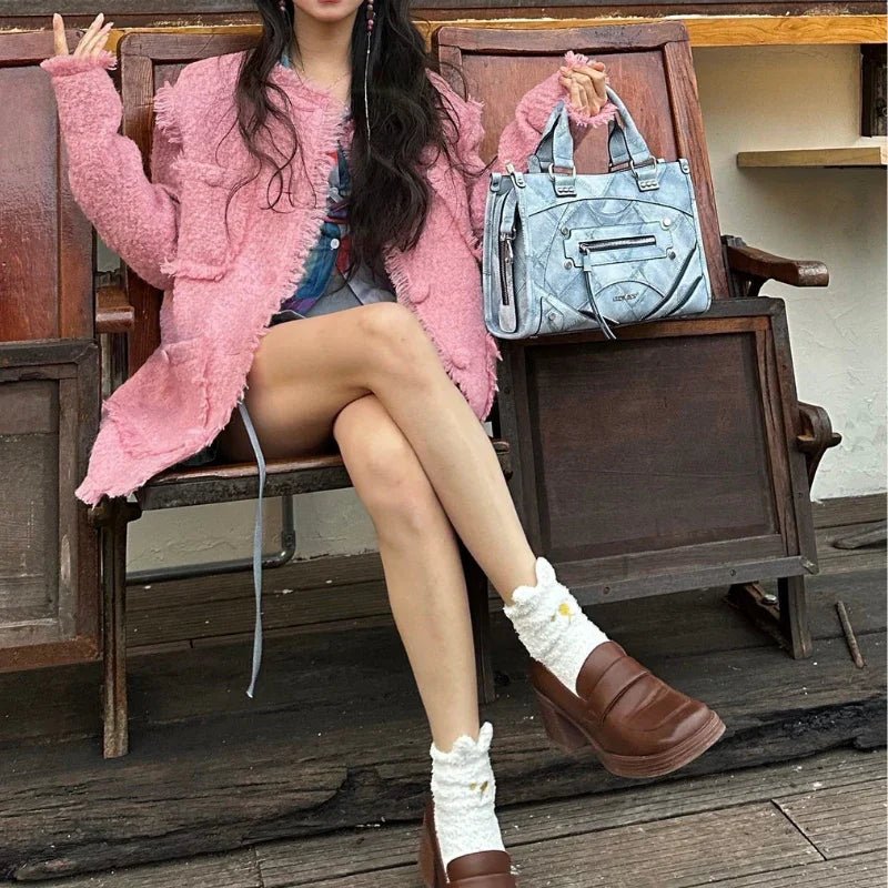 Mavi Denim Desenli Suni Deri Kadın Omuz Çantası, Fermuarlı - MAKKA