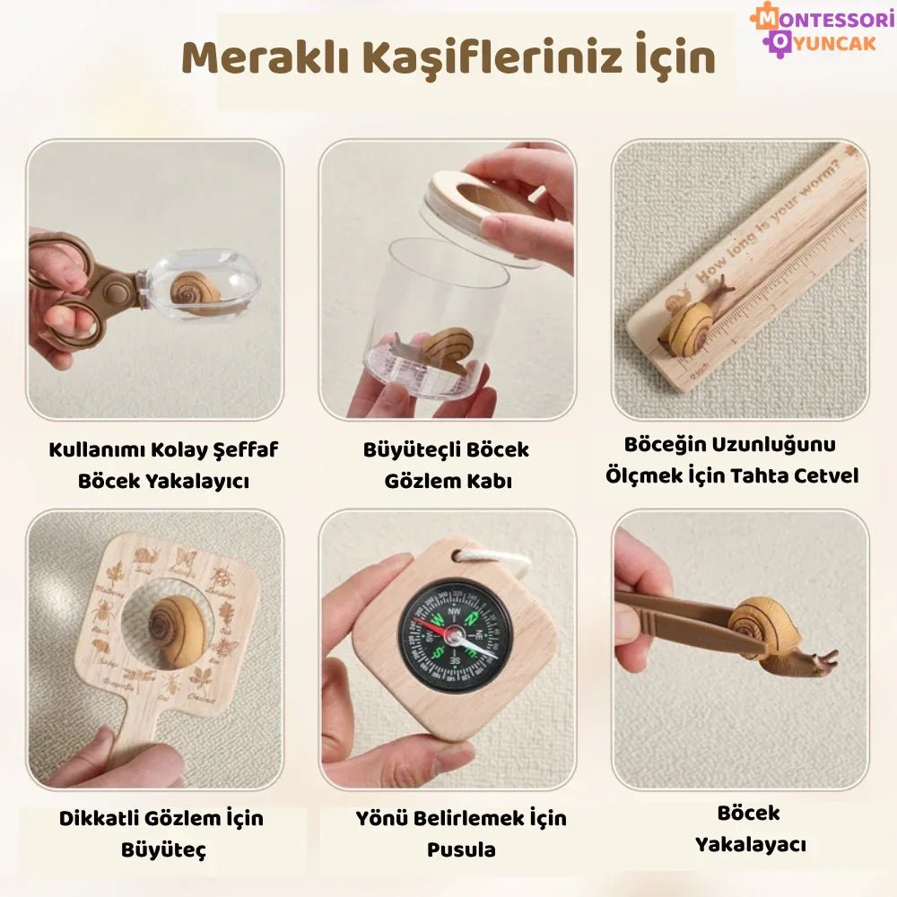 Montessori Böcek İnceleme Seti - Büyüteçli Keşif Kutusu, Eğitici STEM Aktiviteleri - MAKKA