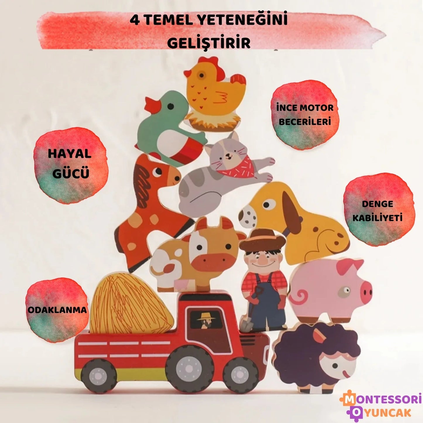 Montessori Eğlenceli Çiftlik Ahşap Eğitici Oyuncak Seti 20 Parça - MAKKA