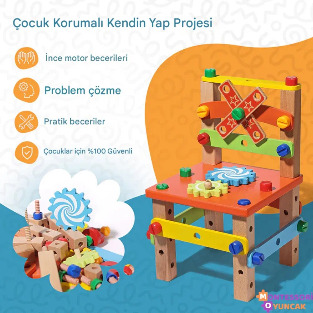 Montessori Kendin Yap Eğlence Sandalyesi Ahşap Ayarlanabilir Ergonomik Hafif - MAKKA