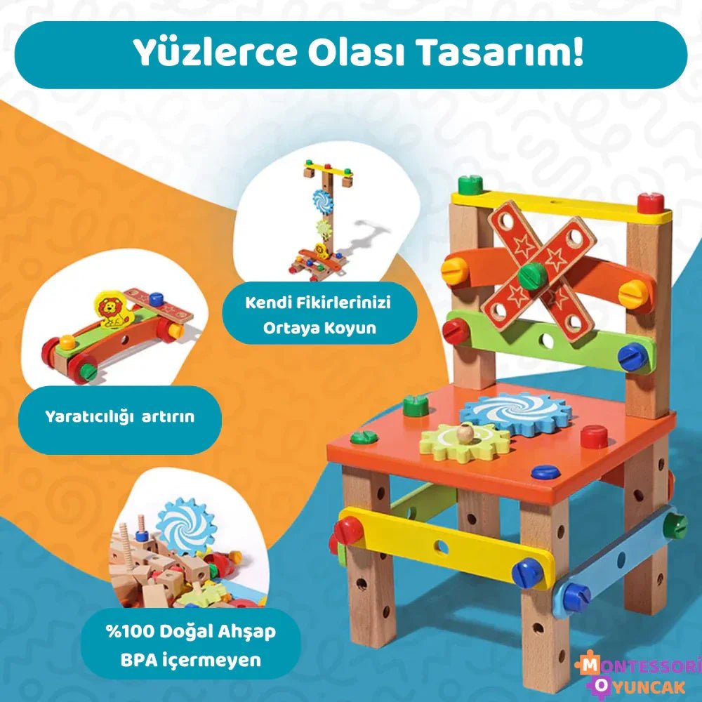 Montessori Kendin Yap Eğlence Sandalyesi Ahşap Ayarlanabilir Ergonomik Hafif - MAKKA